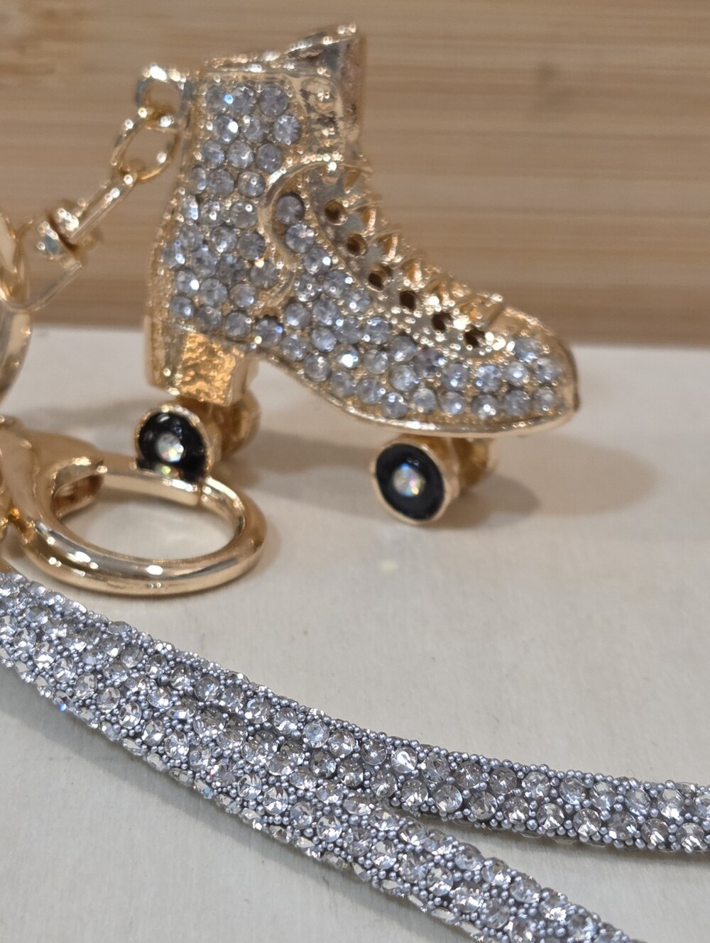 NEW Bling Rhinestone Roller Skate Keychain Crystal Wristlet Purse Charm Gold - Picture 9 of 13